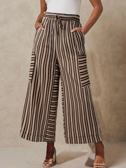 Coastal Stripe Cargo Culottes in black and ochre with drawstring waist and cargo pockets.