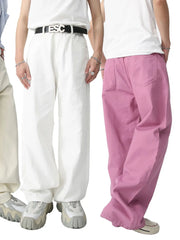 Wide-leg high-rise denim trousers in Moonlit Mauve and Black, shown on models.