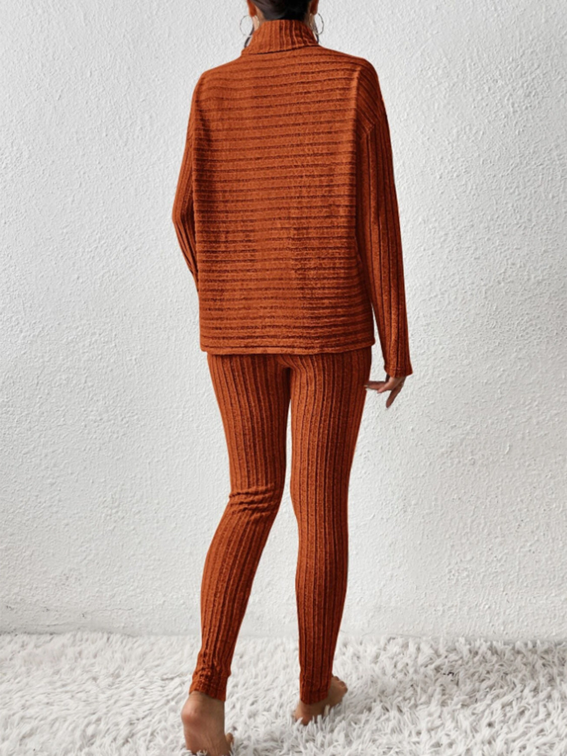 Caramel textured turtleneck lounge set with ribbed leggings.
