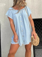 Light blue frayed hem off-shoulder denim dress with button front and A-line cut.