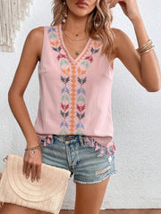 Dusty Pink embroidered V-neck tank top with colorful geometric pattern and tassel trim