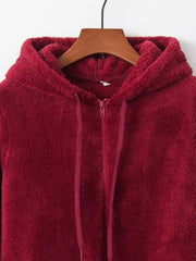 Burgundy half-zip fleece hoodie with drawstring and hood.