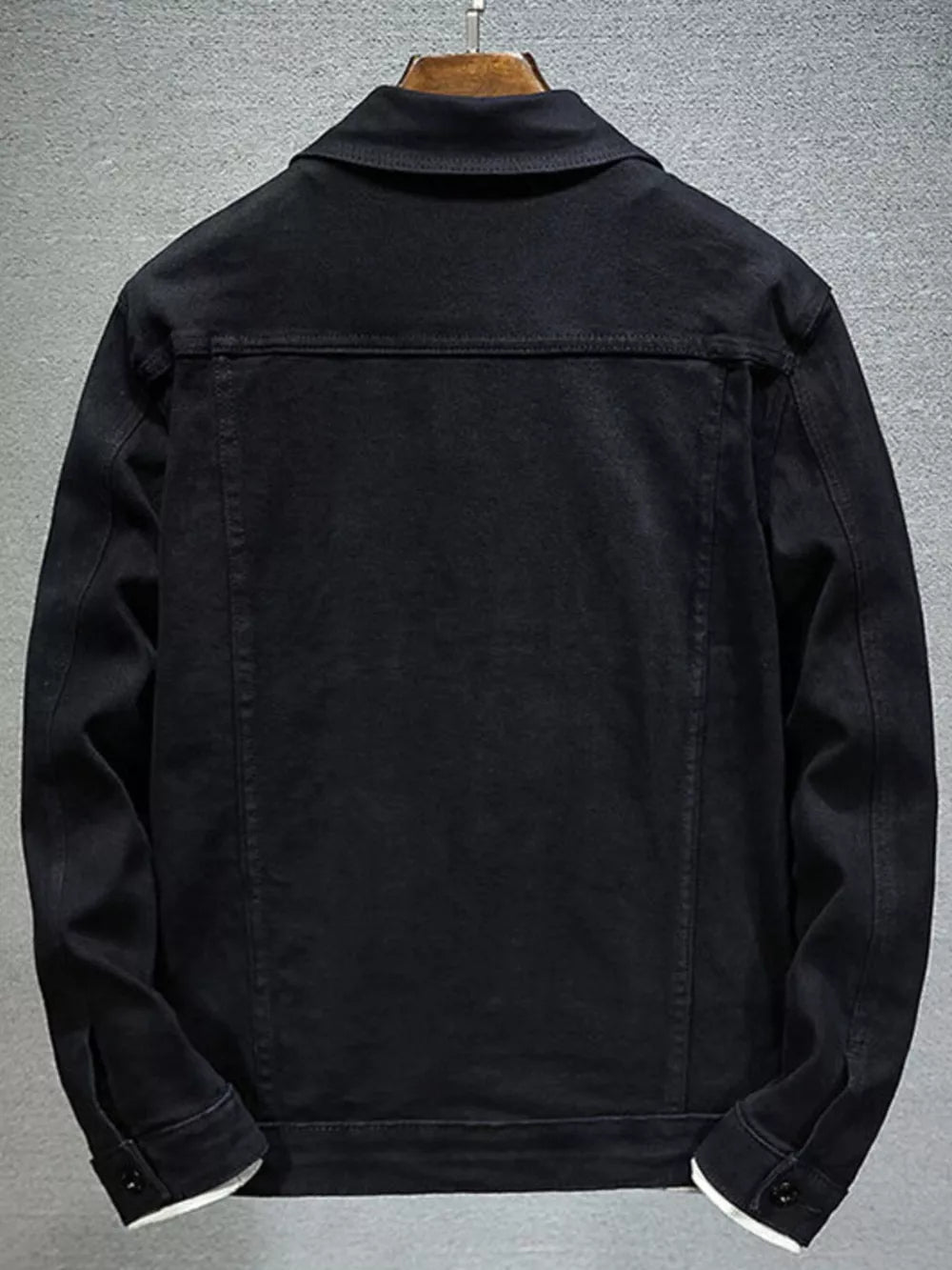 Men's Plus Size Button Up Denim Jacket in Black, model styling view