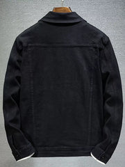 Men's Plus Size Button Up Denim Jacket in Black, model styling view