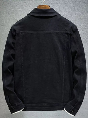 Men's Plus Size Button Up Denim Jacket in Black, model styling view