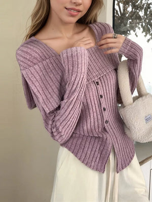 Ribbed Square Neck Long Sleeve Crop Top in Lilac, side view