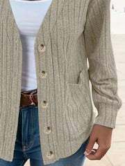 Moss ribbed knit button-down cardigan with pockets and button details