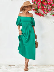 Green off-shoulder midi dress with gathered bodice and balloon sleeves.