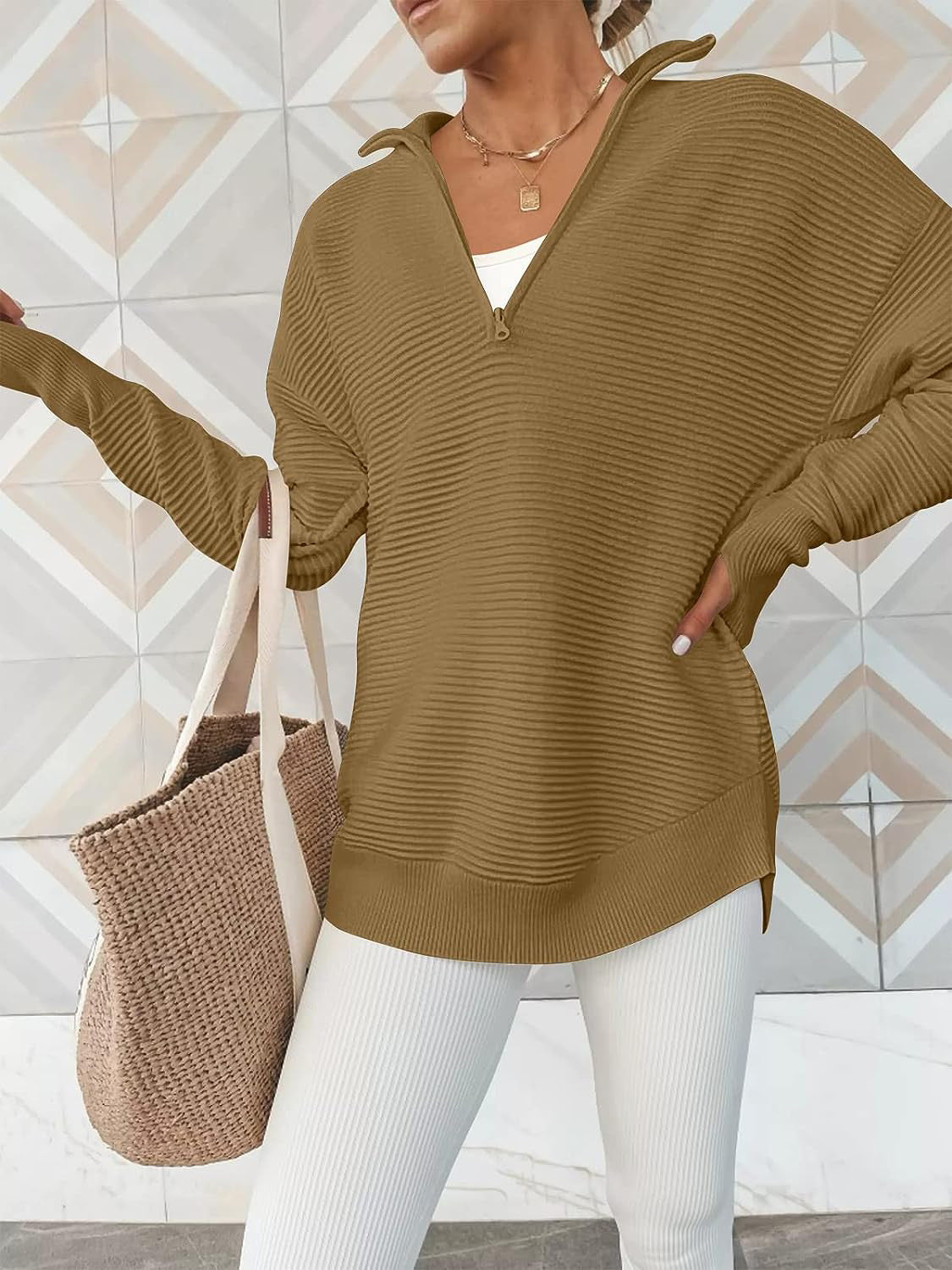 Camel ribbed knit pullover sweater with funnel neck and quarter zip, long sleeves.