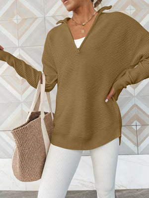 Camel ribbed knit pullover sweater with funnel neck and quarter zip, long sleeves.