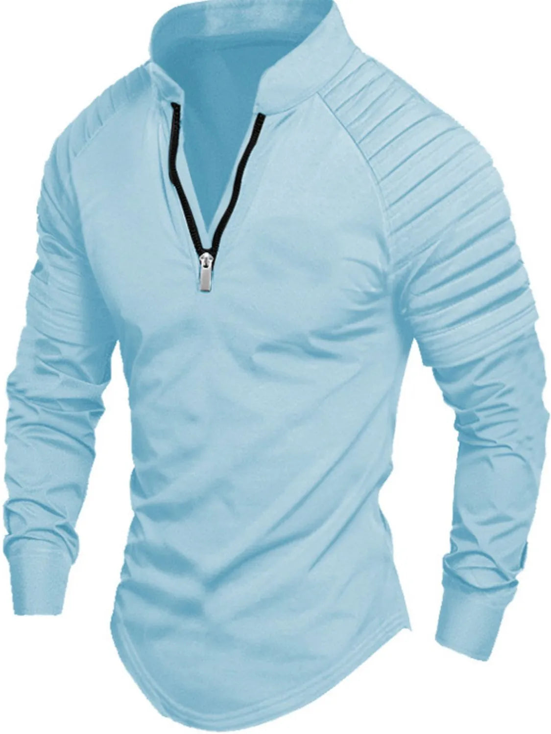 Light blue pullover shirt with zip neck and pleated sleeves
