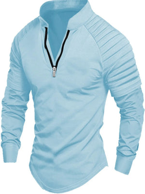 Light blue pullover shirt with zip neck and pleated sleeves