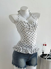 White polka dot halter cami with bow detail and ruffled hem