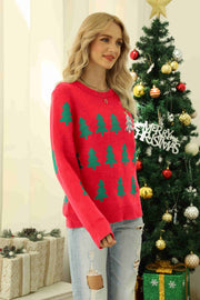 Red crewneck sweater with green Christmas tree motif and silver accent tree.