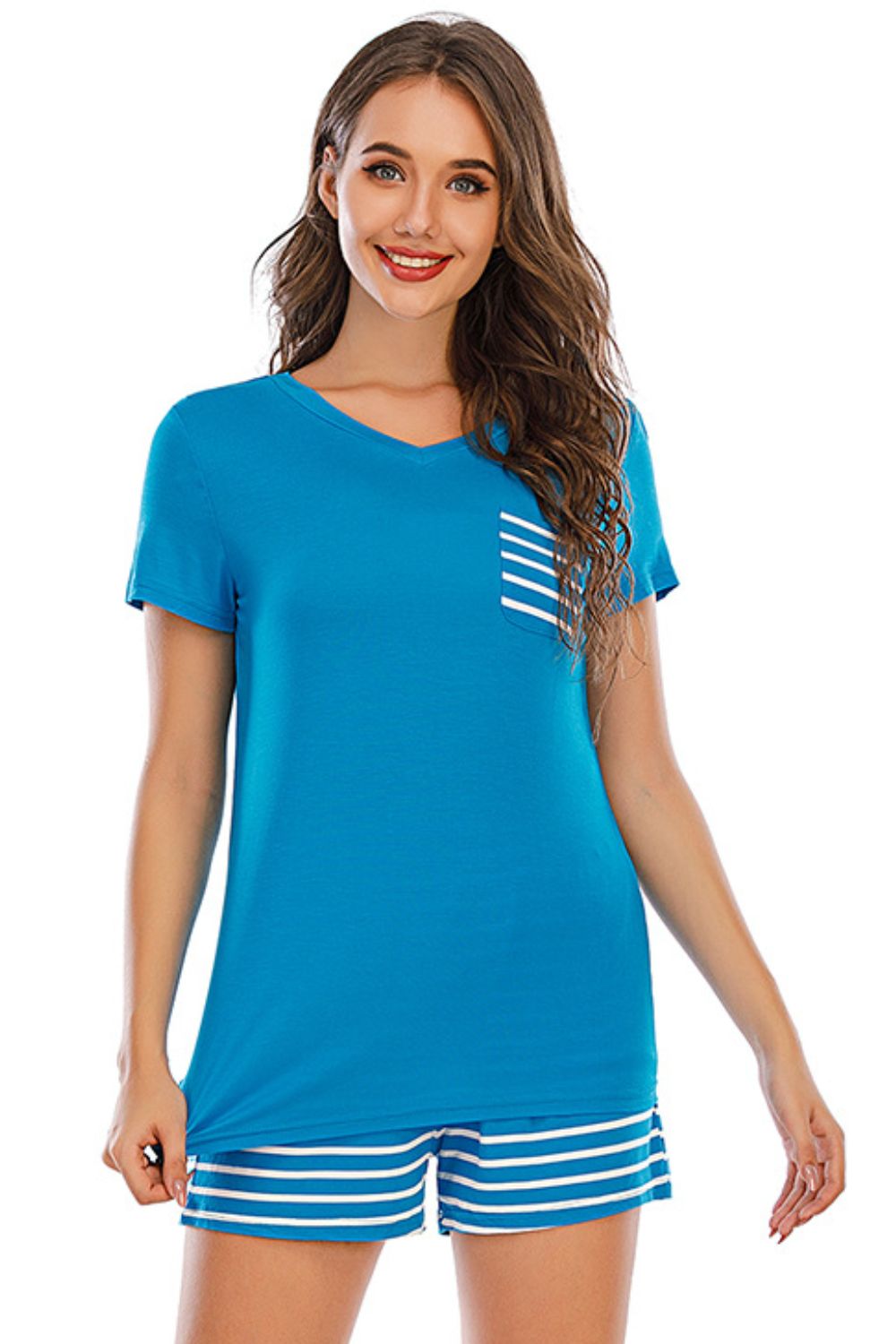 Sky blue V-neck lounge set with striped pocket and shorts
