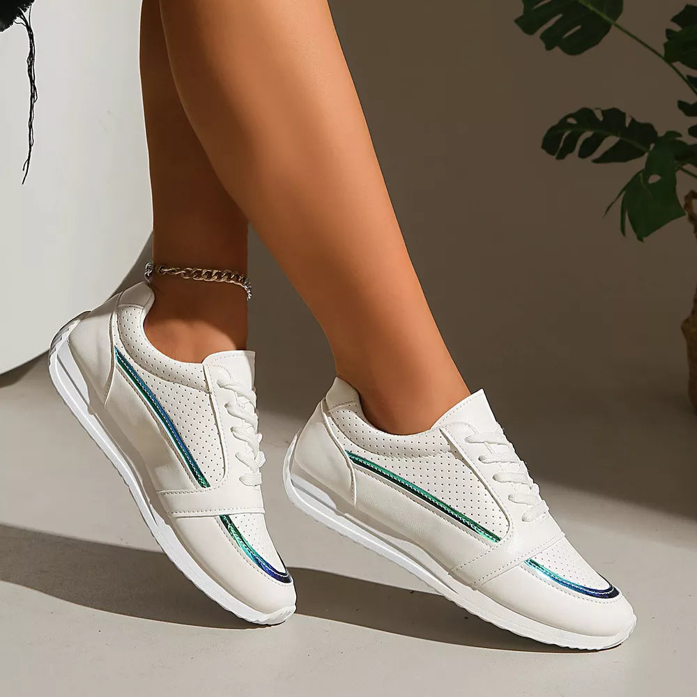 White perforated lace-up sneakers with iridescent green and blue stripe detail