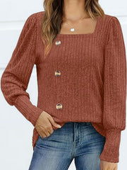 Ribbed knit square neck blouse in Red Orange with puff sleeves and button front.