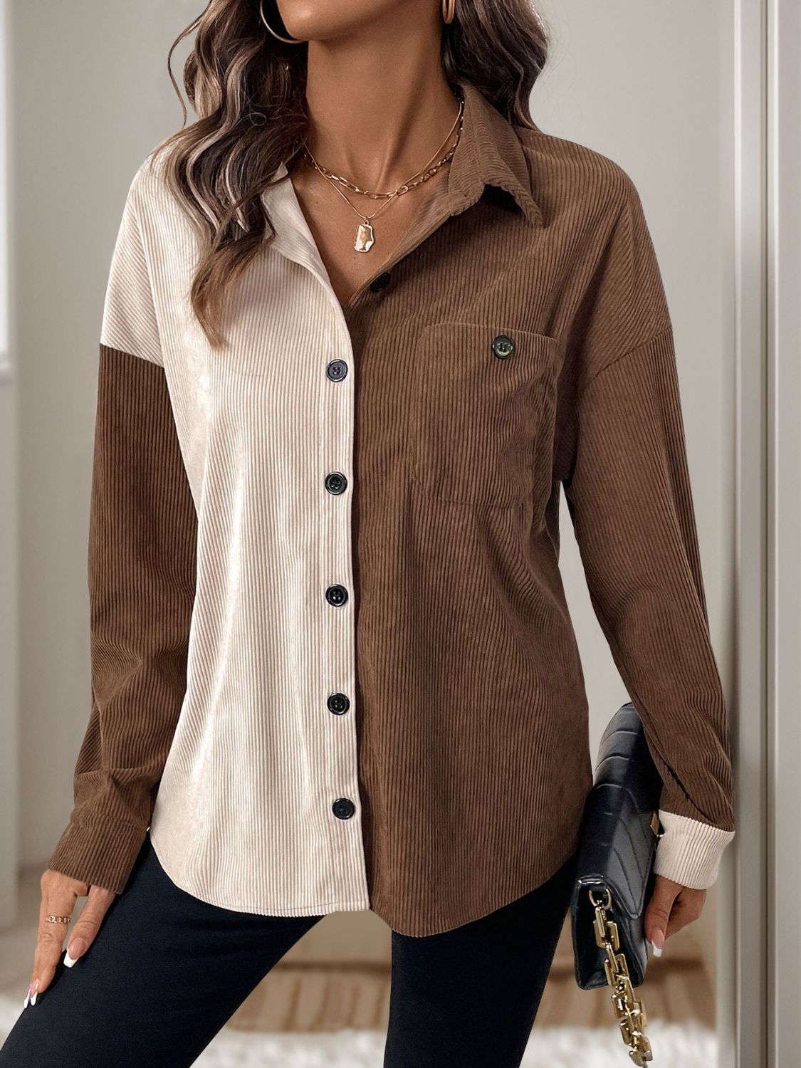 Colorblock corduroy shirt in coffee brown with asymmetrical paneling and button front.