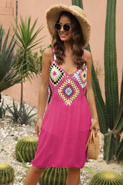 Hot Pink maxi dress with colorful crochet yoke and V-neckline