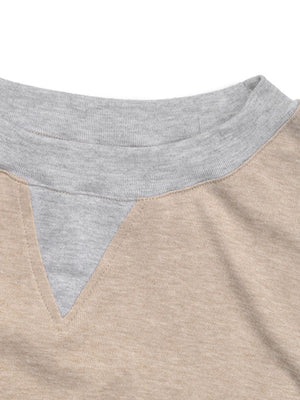 Tan and grey colorblock sweatshirt with V-neck detail and crew neck trim.