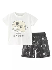 White cotton t-shirt with elephant graphic and dark grey shorts with allover elephant print.