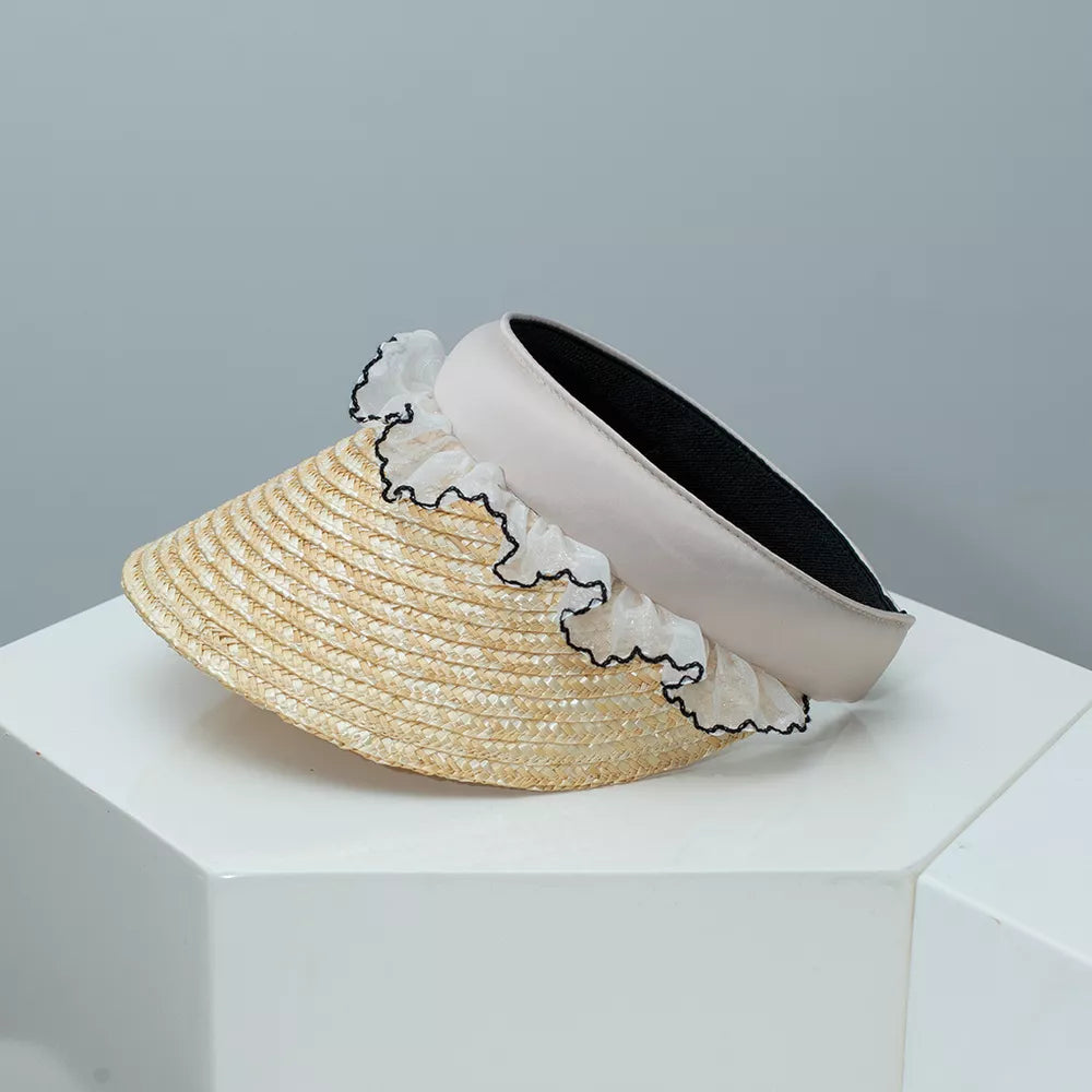 Straw visor hat with lace trim and beige band