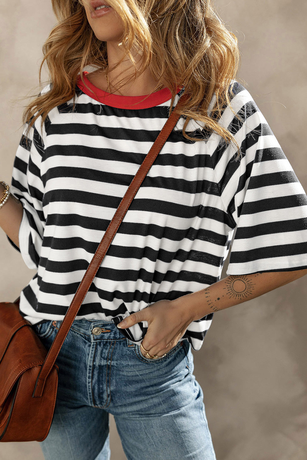Breton stripe t-shirt with contrast red neckline and short sleeves