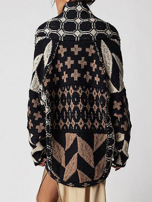 Geometric patchwork knit cardigan in black and tan with a buttoned front and collar.