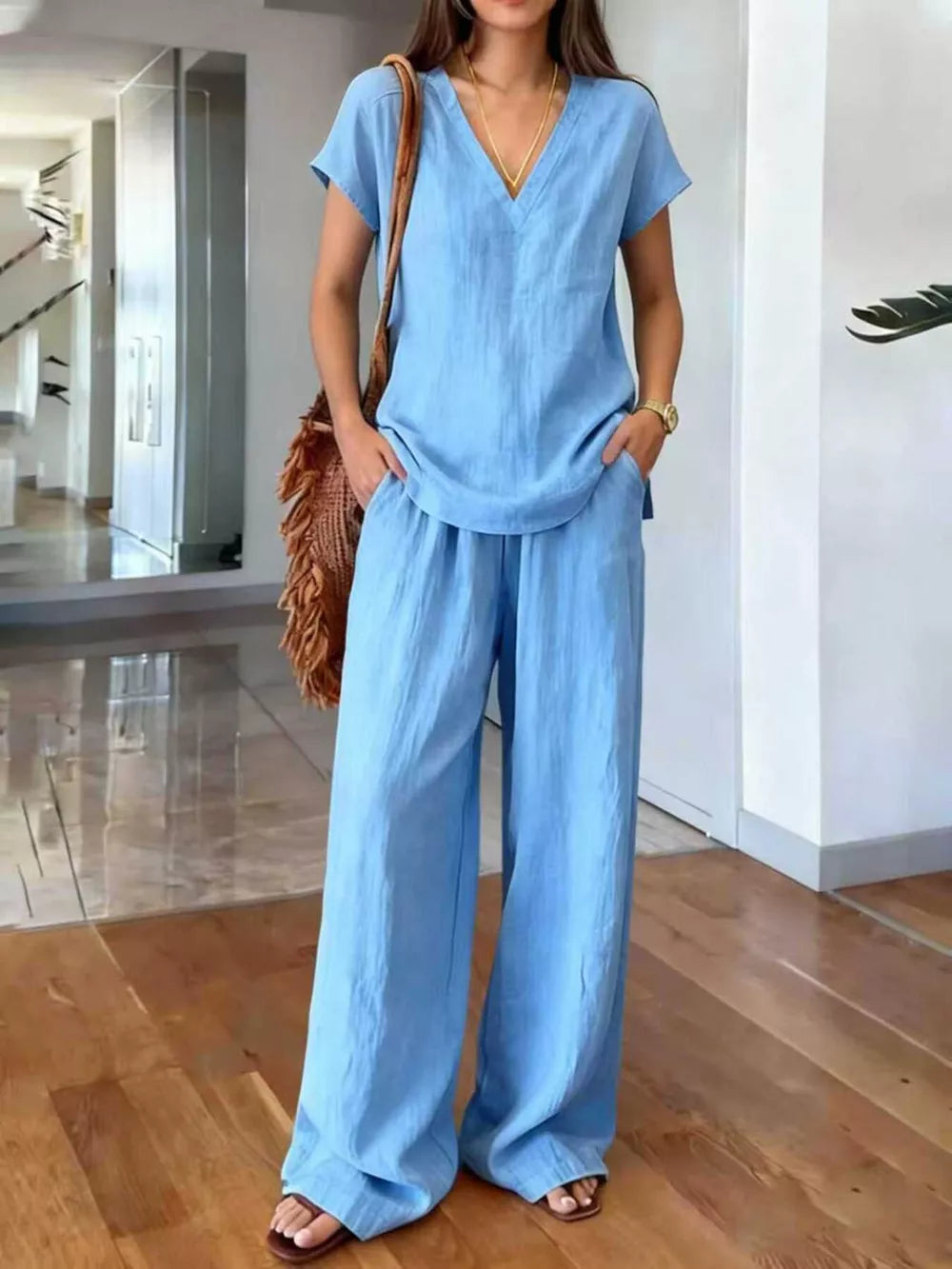 Full Size V-neck Short Sleeve Top And Pants Set in Light Brown, back view