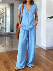 Full Size V-neck Short Sleeve Top And Pants Set in Light Brown, back view