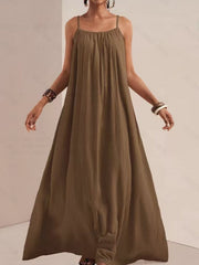 Khaki maxi swim dress with spaghetti straps and a gathered neckline.
