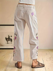 Embroidered Floral Detail Wide-leg Jeans