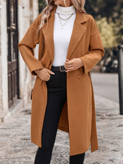 Caramel wool blend wrap coat with double-breasted closure and wide lapels.