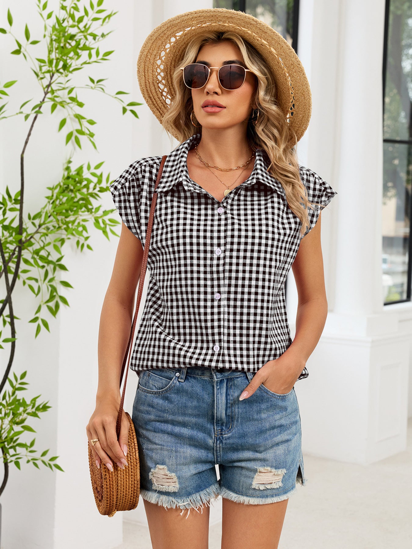 Plaid Button Up Cap Sleeve Shirt in Blue, view 18