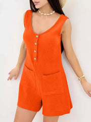 Orange crinkled cotton button-down sleeveless romper with pockets