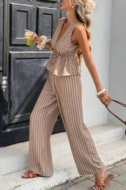Chic striped two-piece set in camel with peplum top and wide-leg pants.