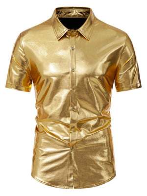 Gold metallic finish button-up shirt with short sleeves and a classic collar.