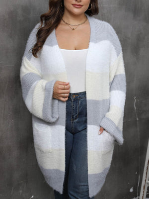 Chunky stripe open-front cardigan in pastel colors with pockets.
