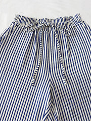 Blue and white striped wide-leg trousers with drawstring waist