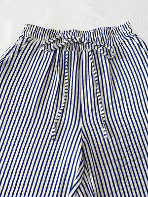 Blue and white striped wide-leg trousers with drawstring waist
