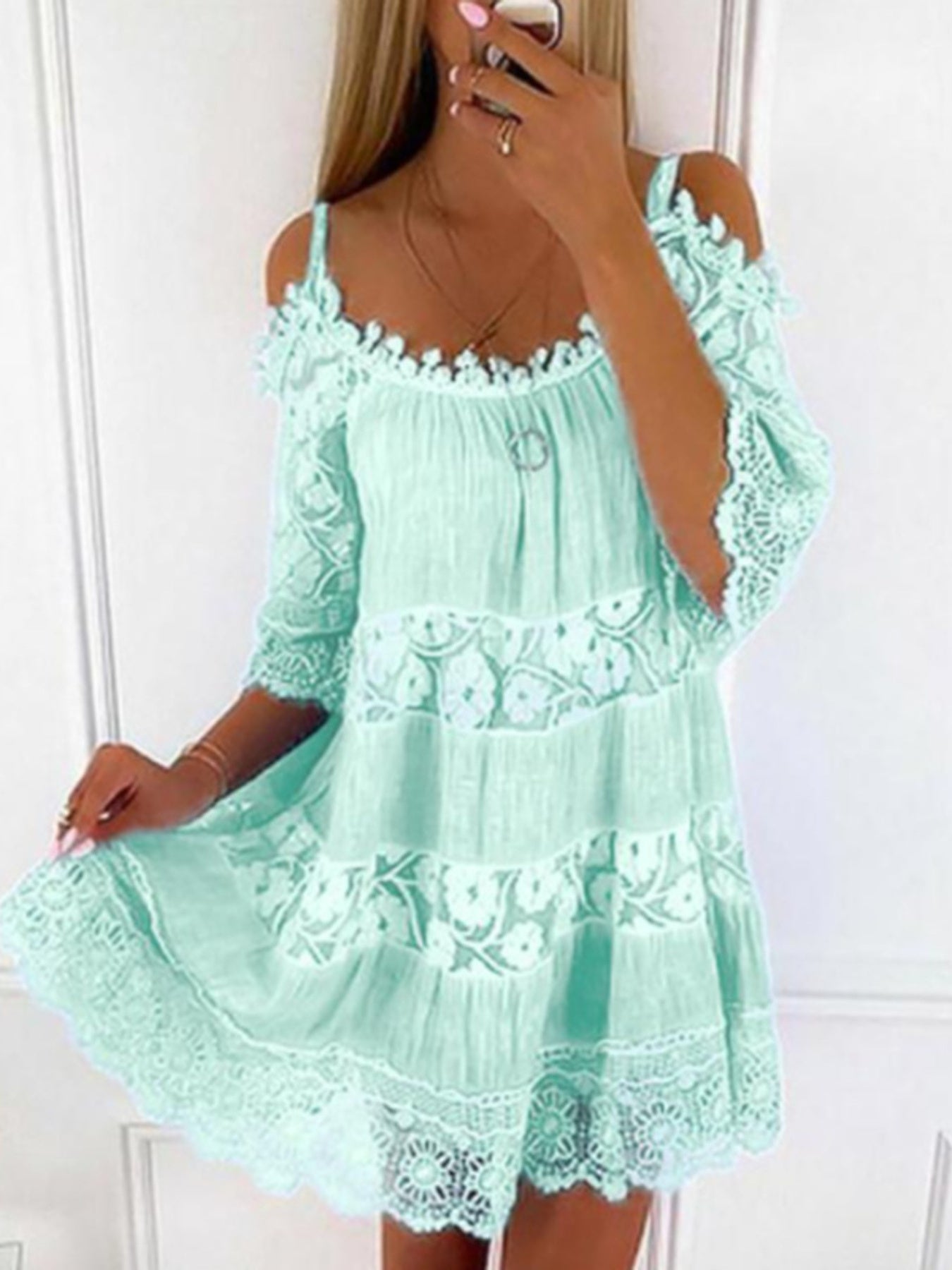 Bohemian Lace Cold Shoulder Mini Dress Plus Size in Light Blue, model styling view