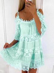 Bohemian Lace Cold Shoulder Mini Dress Plus Size in Light Blue, model styling view