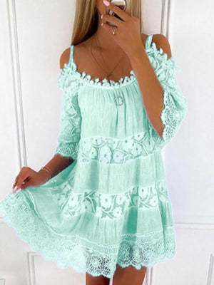 Bohemian Lace Cold Shoulder Mini Dress Plus Size in Light Blue, model styling view