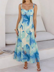Floral sweetheart midi dress with spaghetti straps in aqua and blue.