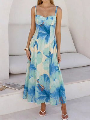 Floral sweetheart midi dress with spaghetti straps in aqua and blue.