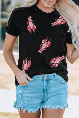 Black cotton crew neck tee with allover sequin lobster motif