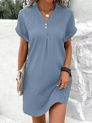 Full Size Casual V-neck Short Sleeve Dress in Silver, view 13