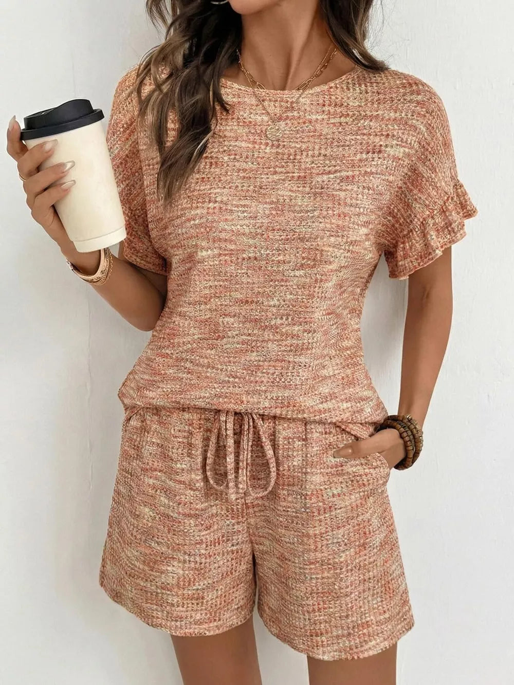 Orange-red ruffled sleeve knit two-piece set with drawstring shorts
