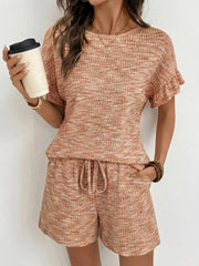 Orange-red ruffled sleeve knit two-piece set with drawstring shorts