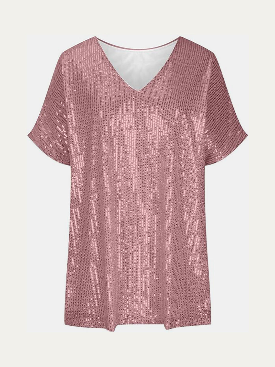 Rose gold sequin slouchy V-neck top with short sleeves
